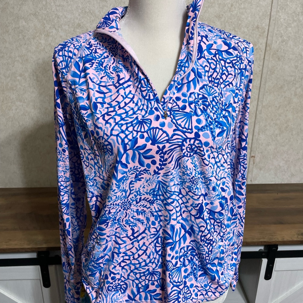 Lilly Pulitzer Blue and Pink Patterned Quarter-Zip Pullover